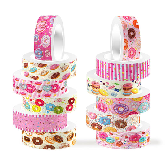 12 Rolls Donut Washi Tape Set, Candy Donuts Stars Masking Tapes, Cartoon Craft Pattern Adhesive Tapes for Planners, Scrapbook Decorating, Journal, DIY Art Crafts, Gift Wrapping 16.4Ft