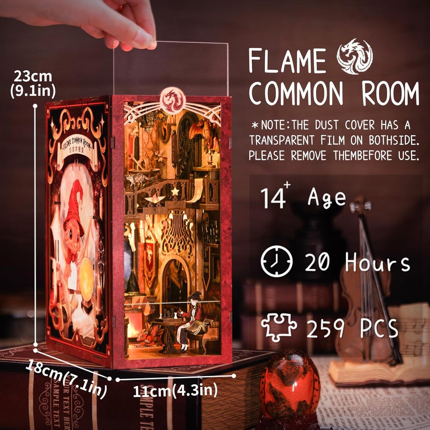 CUTEBEE Book Nook Kit - DIY Miniature House Dollhouse Kit for Adult and Teens, Booknook Bookshelf Decor Alley Model Build with LED Light, Gifts for Family and Friends (Flame Common Room)