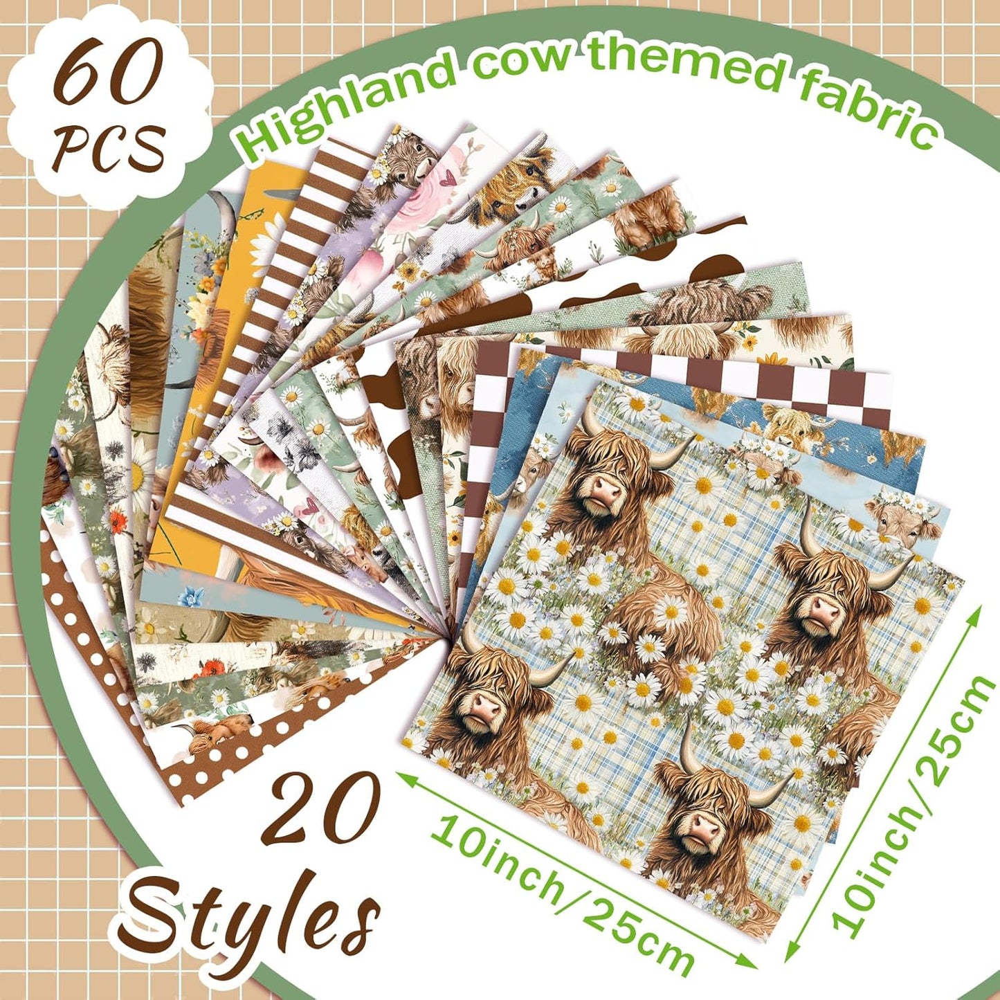Ganeen 60 Pcs 10 x 10 Inch Highland Cow Quilting Fabric Squares Vintage Highland Cow Fat Patchwork Precut Strips Retro Multicolor Fabric Bundles for Holiday DIY Craft Sewing Quilt Material Handmade