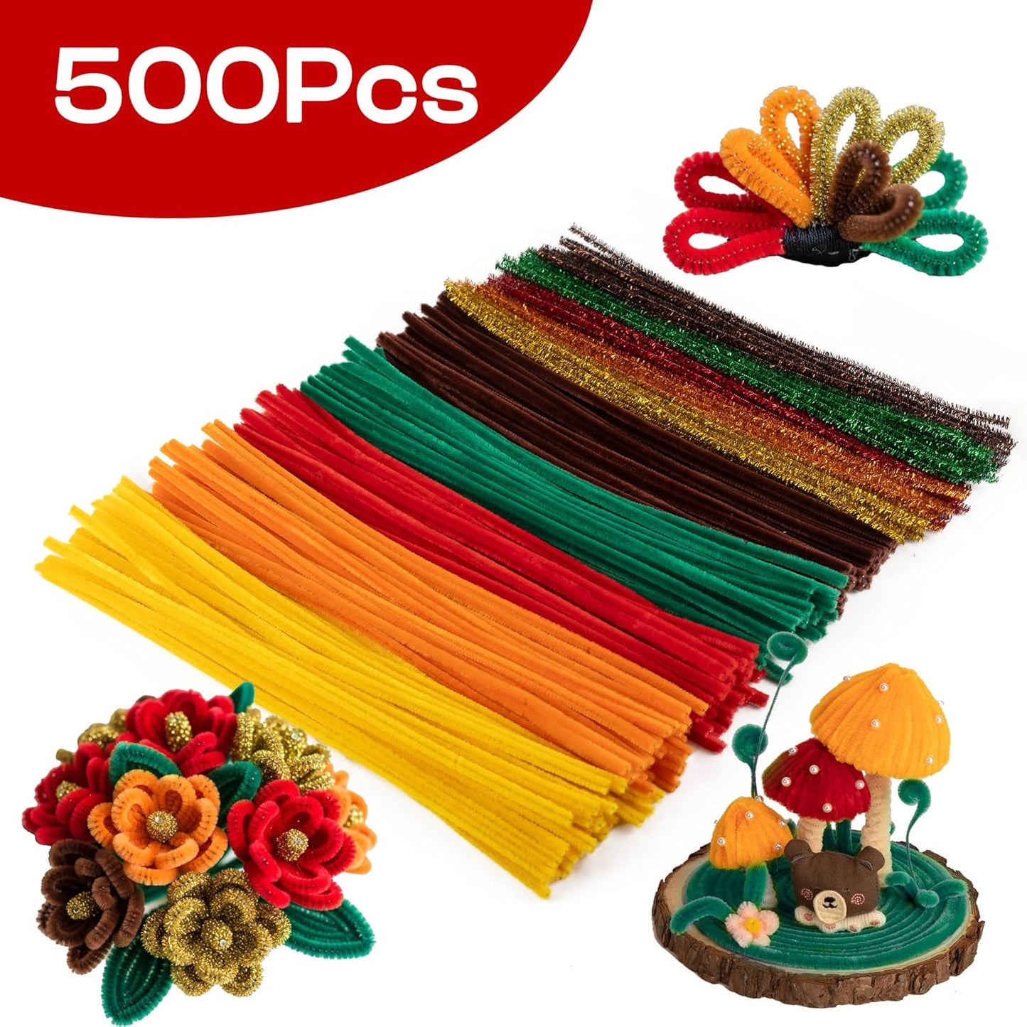 Caydo 500 Pieces Autumn Color Pipe Cleaners, Thanksgiving Day Orange Brown Chenille Stems, Pipe Cleaner Crafts for DIY Art and Craft Projects Creative Gift Party Decorations