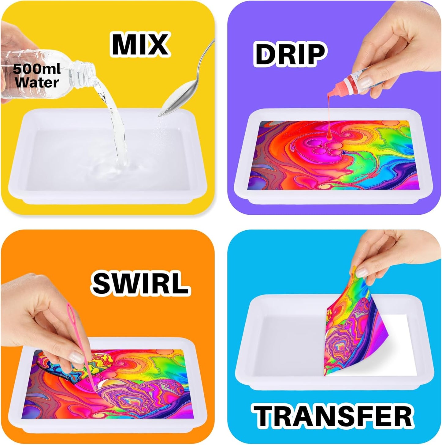 ArtCreativity Water Marbling Paint Art Kit for Kids - Complete Set with 12 Paint Colors, 10 Bags Thickening Powder, 10 A5 Papers, and More - Marble Art Painting Kit - Crafts for Kids Ages 3 and Up