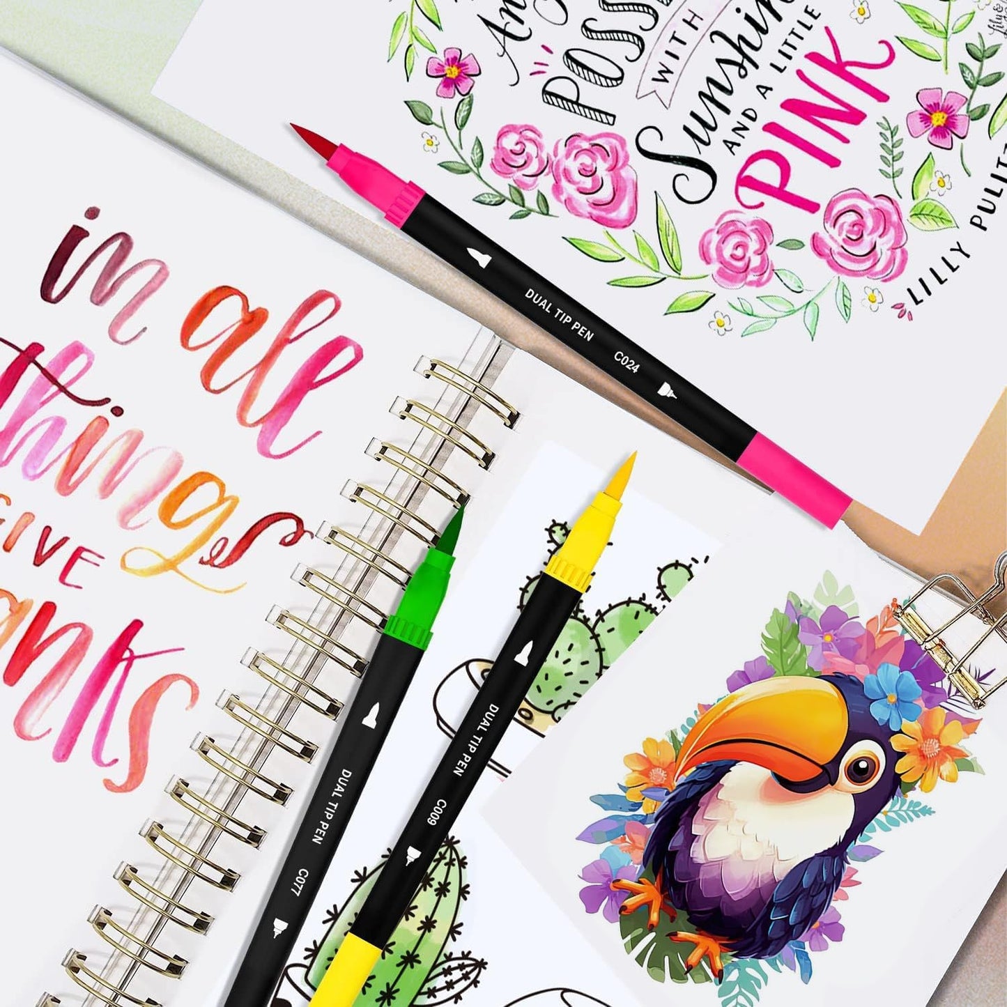 Art Supplier Dual Brush Markers Pens, 110 Artist Coloring Marker Set, Fineliner & Brush Tip Pen with Premium Case for Adults Coloring Books & Journal, Drawing, Doodlin