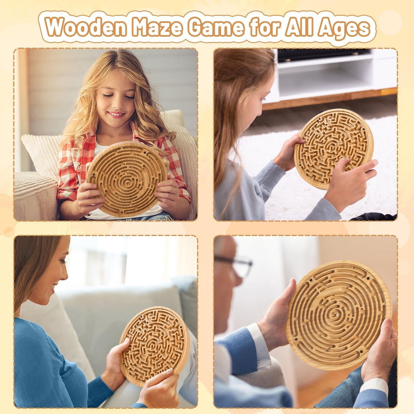 Wooden Labyrinth Board Game with Two Versions of Upgraded Circular Marble Maze with Two-Sided Design, 2-in-1 Puzzle Maze with Two Metal Balls, Brain Teaser Game for Children, Teenagers, and Adult