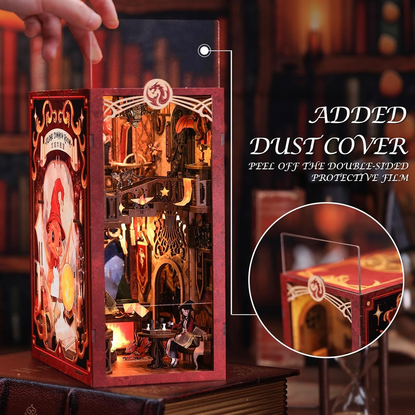 Fsolis Book Nook Kit, DIY Miniature Room House Kit 3D Wooden Puzzle Craft Kit for Adults Decorative Bookend Bookshelf Bookcase Nook Decor Gifts for Women Teens and Book Lovers (Flam Common Room)