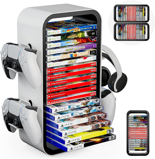 Allnice Universal Game Rack - Stores 19 Games, 4 Controller Holders, Organizes PS5/PS4/Xbox One/360/Series X/S/Switch & More