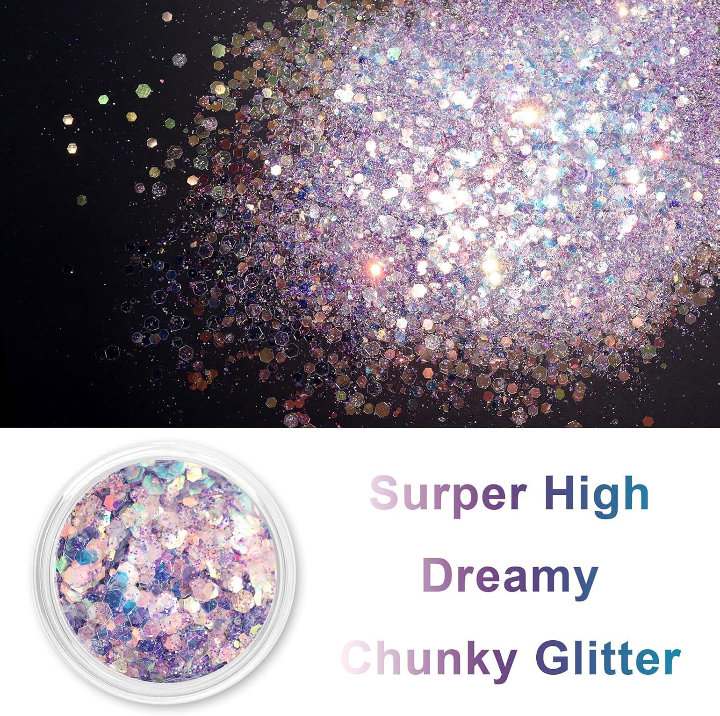 Renfio Opal Chunky Glitter, 1.75oz/50g Purple Glitter, Dreamy High Sparkle Glitter for Crafts Holographic Fine Glitter Mix Iridescent Glitters Flake for Nails Art Hair DIY Snow Globe - Lilac Asterism