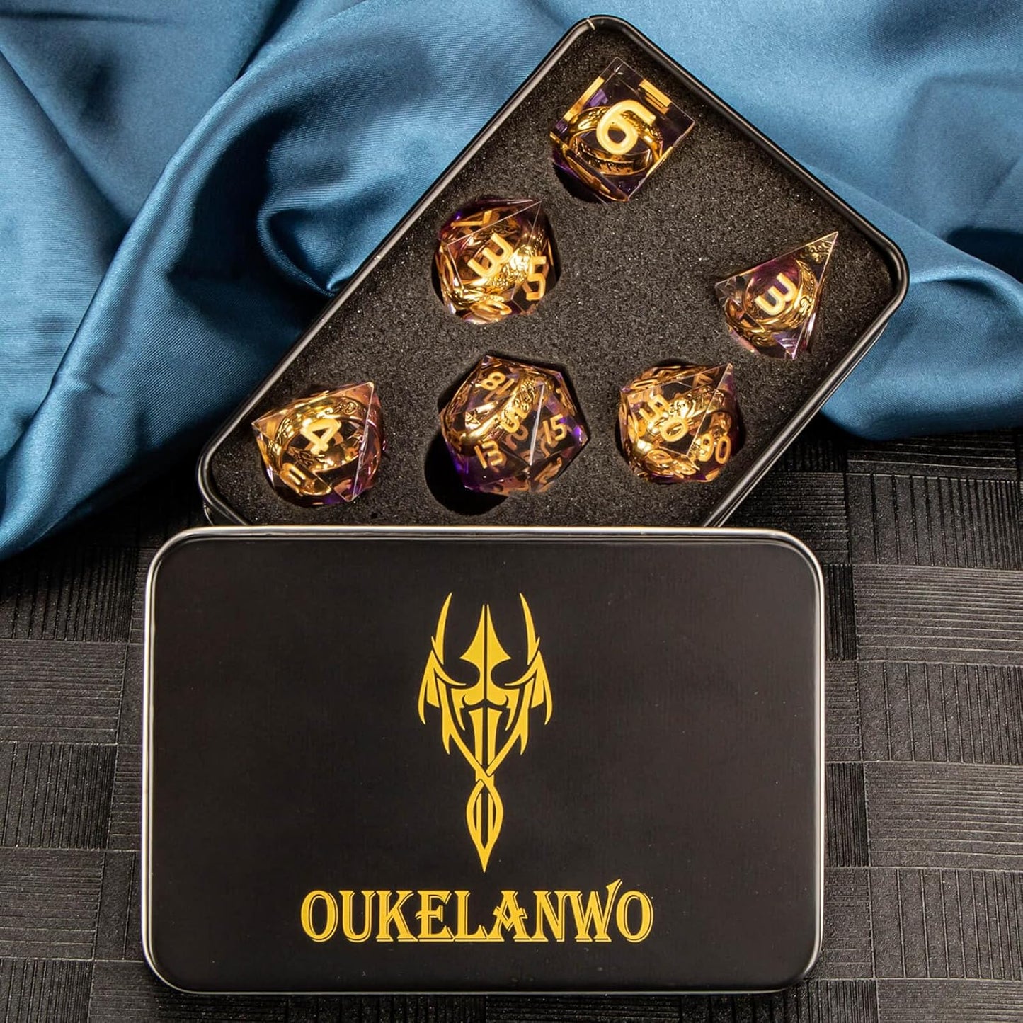 OUKELANWO Magic Lord Rings DND Dice Set with Box, 7Pcs Resin LOTR D&D Dice Set for Role Playing Game, Purple Gold Dungeons Dragons D and D Sharp Edge Dice D20 D12 D10 D8 D6 D4