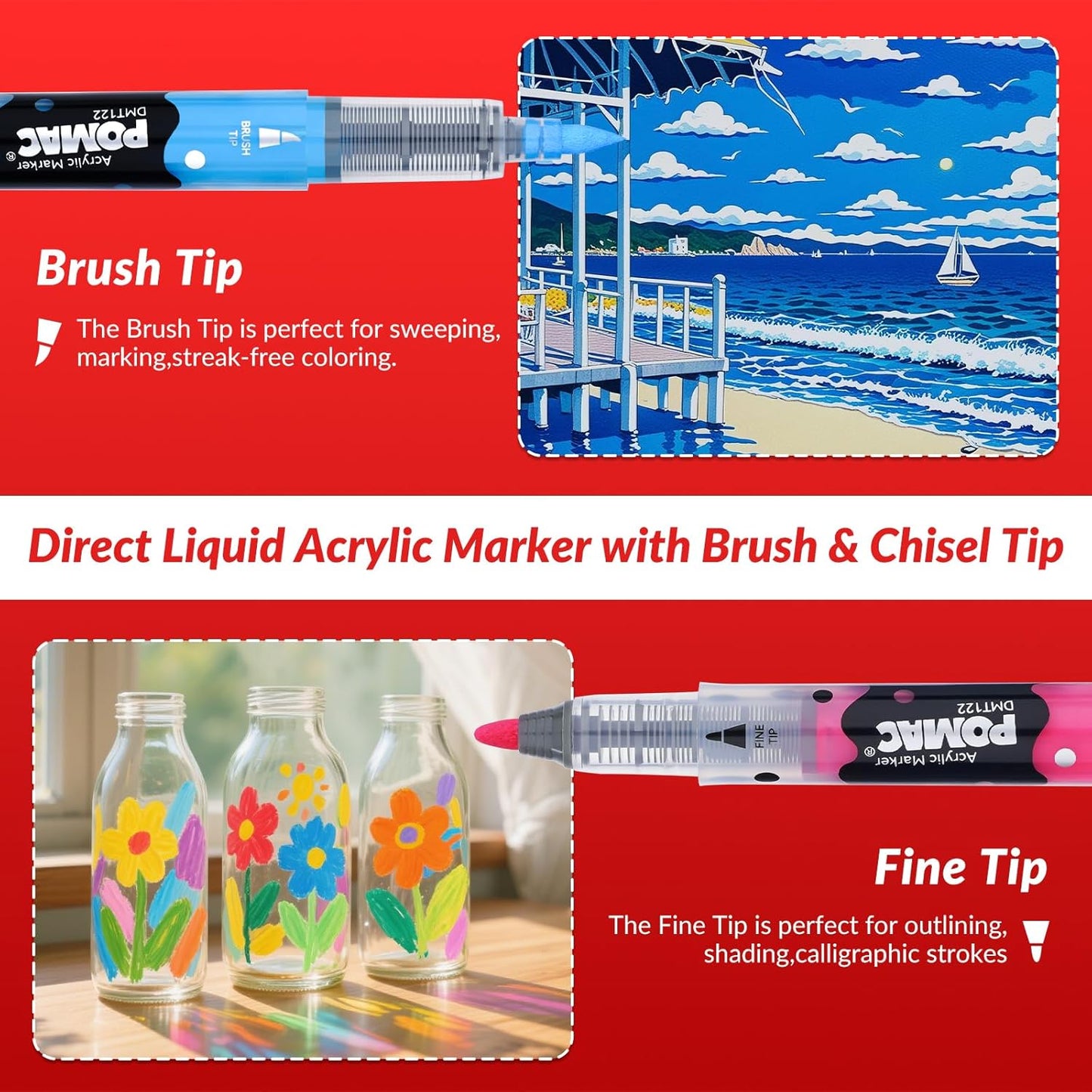 POMAC Dual Tip Acrylic Paint Markers Pens 24 Assorted Colors, Direct Liquid Acrylic Marker with Brush & Fine Tip, Water-Based Paint Marker for Fabric, Canvas, Rock, Glass, Wood, Crafts, Art Supplies