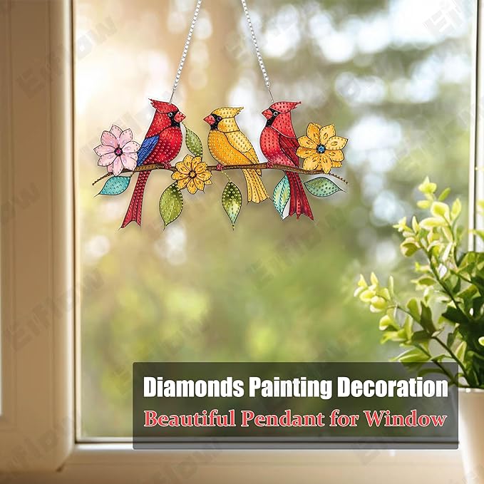 Eiflow 11.7x6.3in Acrylic Diamond Art Hanging Kit for Adults Cardinal Birds, DIY Diamonds Painting Door Hanger Board Kit, Special Crystal Diamond Art Painting Pendant Ornament