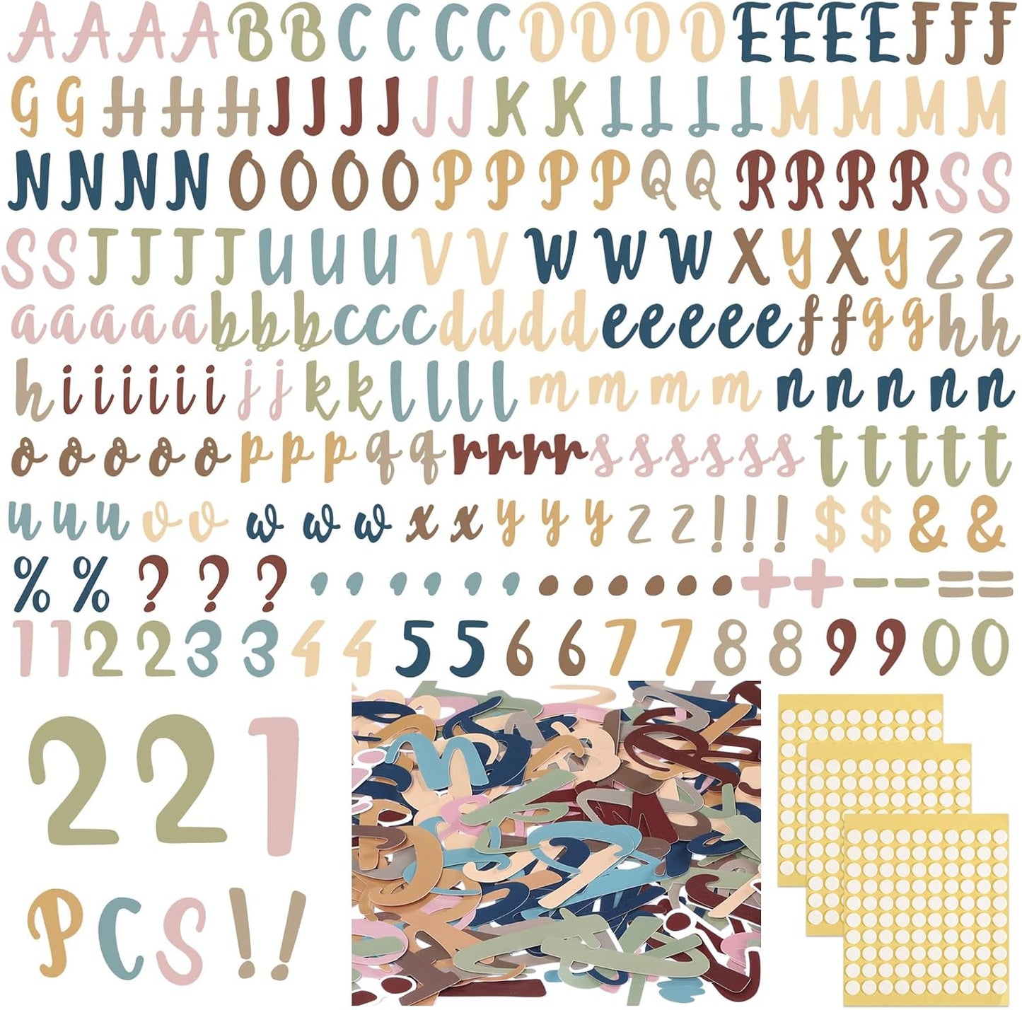 221 Pcs Bulletin Board Letters Round Alphabet Number Punctuation Symbol Combo Letter Cutouts Classroom Decoration for School Classroom Chalkboard Poster Board(Boho Italic)