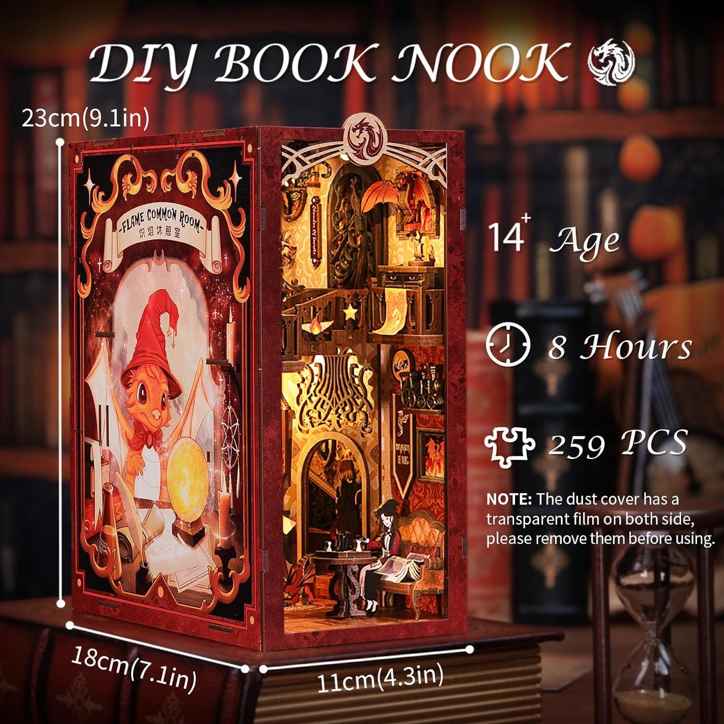 Fsolis Book Nook Kit, DIY Miniature Room House Kit 3D Wooden Puzzle Craft Kit for Adults Decorative Bookend Bookshelf Bookcase Nook Decor Gifts for Women Teens and Book Lovers (Flam Common Room)