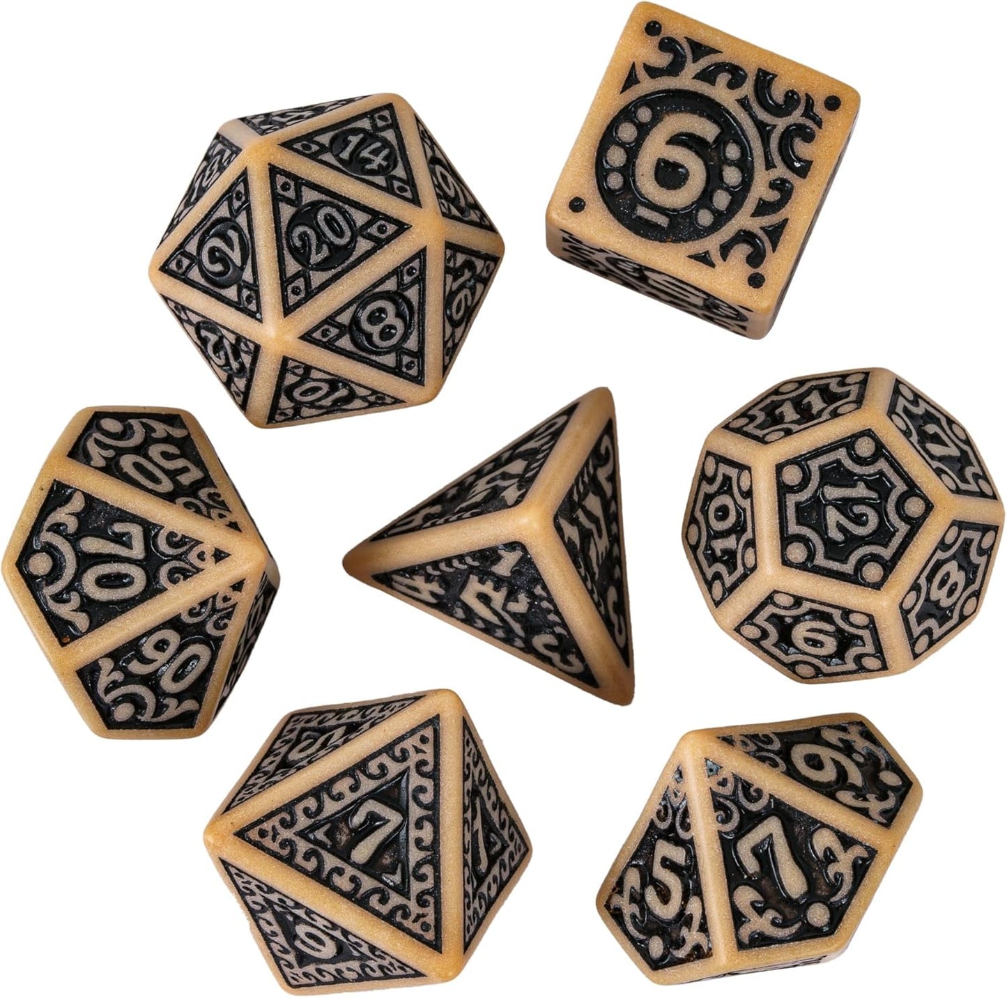 7-Die DND Dice Set New Pattern Polyhedral Dice Set with Leather Bag D&D Die for RPG Table Games(Brown Black)
