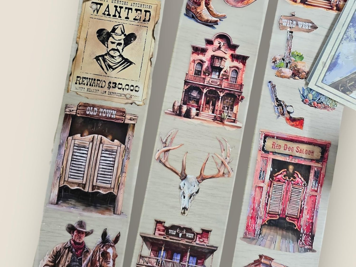 Wild West Transparent Vintage Washi Tape 5x5 cm x 100 cm – Decorative Scrapbooking Craft Adhesive Roll, Western Cowboy Art, Rustic Frontier Illustration for Journals, Planners, Cards & DIY Projects