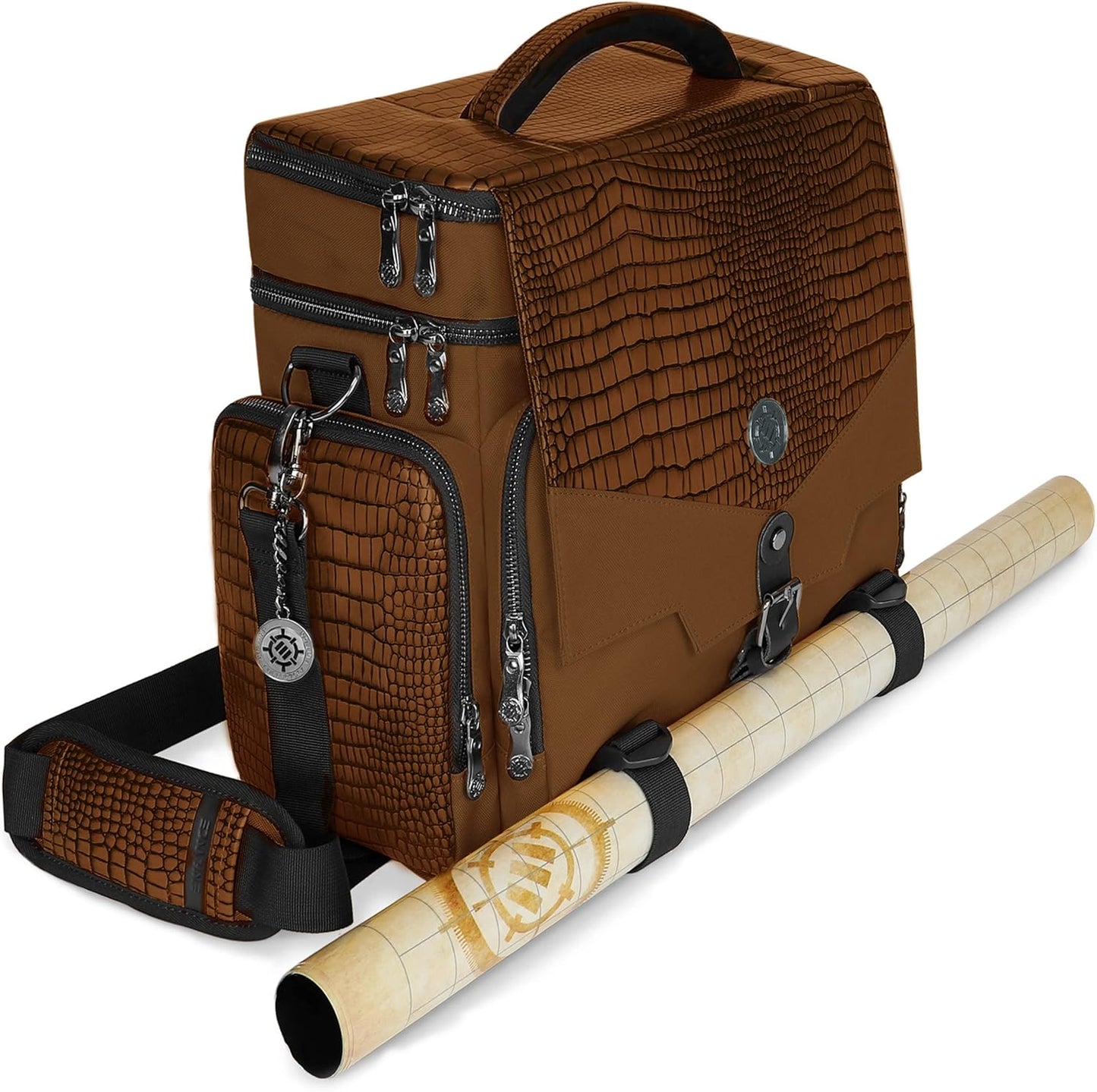 ENHANCE Travel Bag for DND Collector's Edition, Bag Compatible with Dungeons and Dragons, Combat Mat Holder, Dice Pockets and Accessories, Carry 4-8 Books (Brown Dragon)