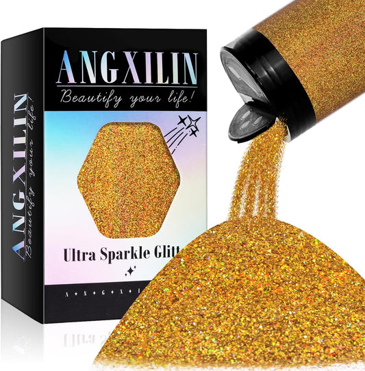 Holographic Fine Glitter for Epoxy Resin DIY Craft,ANGXILIN High Capacity 260g Shaker Bottle Fine Glitter for Nail Art Face Body Make Up,Tumblers Earrings Jewelry Making Fine Glitter (Laser Gold)