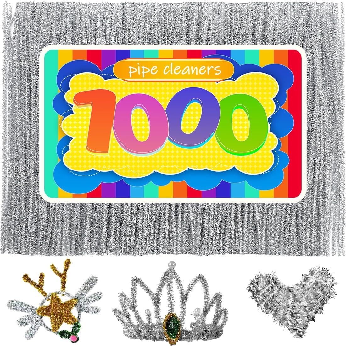 GAGANIU 1000pcs Pipe Cleaners, Pipe Cleaners for Crafts, Craft Supplies Multicolor Chenille Stems for Art&Craft Christmas DIY Projects(Silver Glitter)