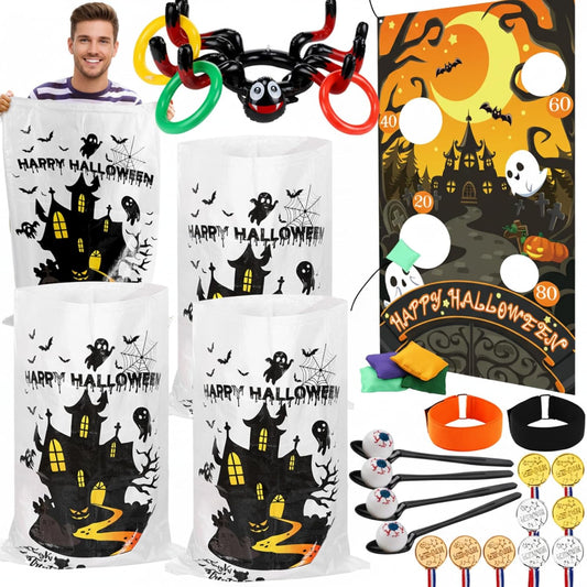 Hiboom 33 Pcs Halloween Party Supplies for Adults, Halloween Decoration Include Potato Sack Race Bags Bean Bag Toss Supply 3 Legged Race, Egg Spoon, Inflatable Spider Ring Toss