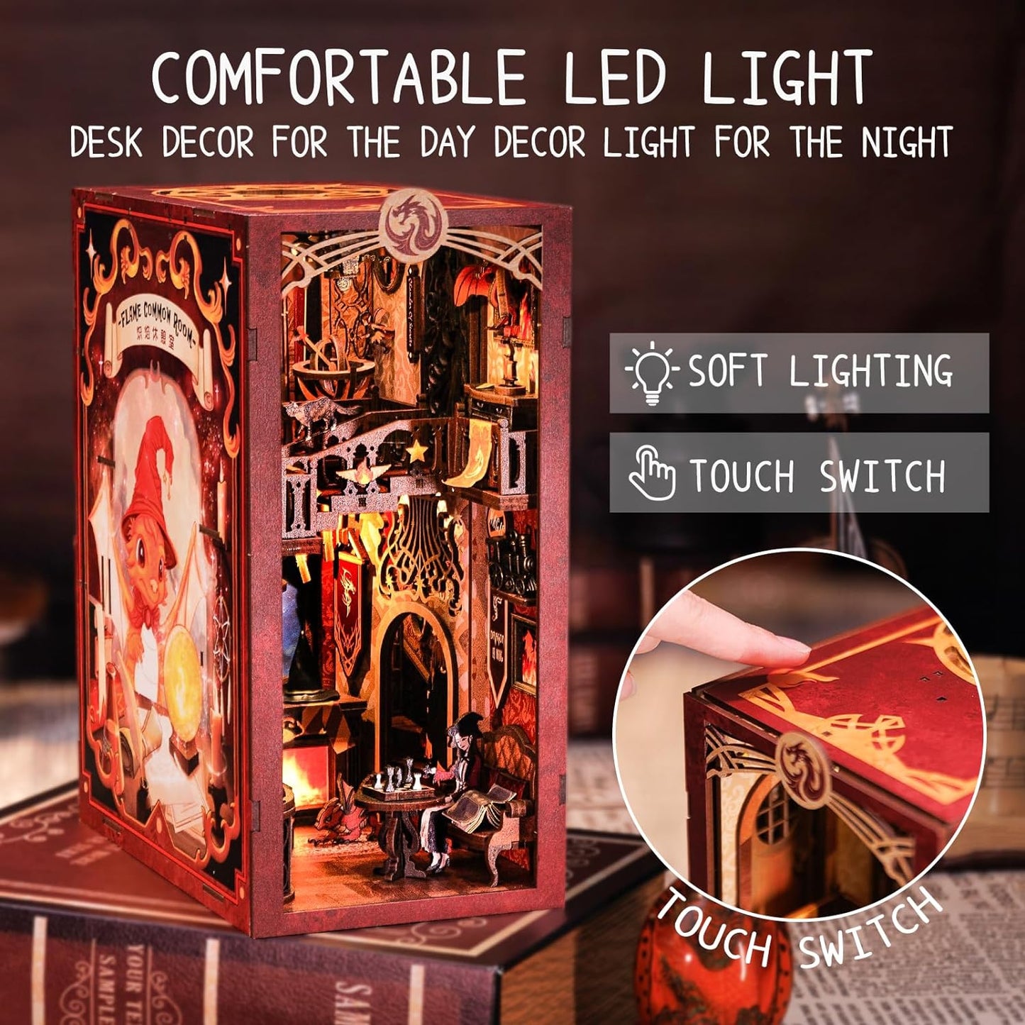 CUTEBEE Book Nook Kit - DIY Miniature House Dollhouse Kit for Adult and Teens, Booknook Bookshelf Decor Alley Model Build with LED Light, Gifts for Family and Friends (Flame Common Room)