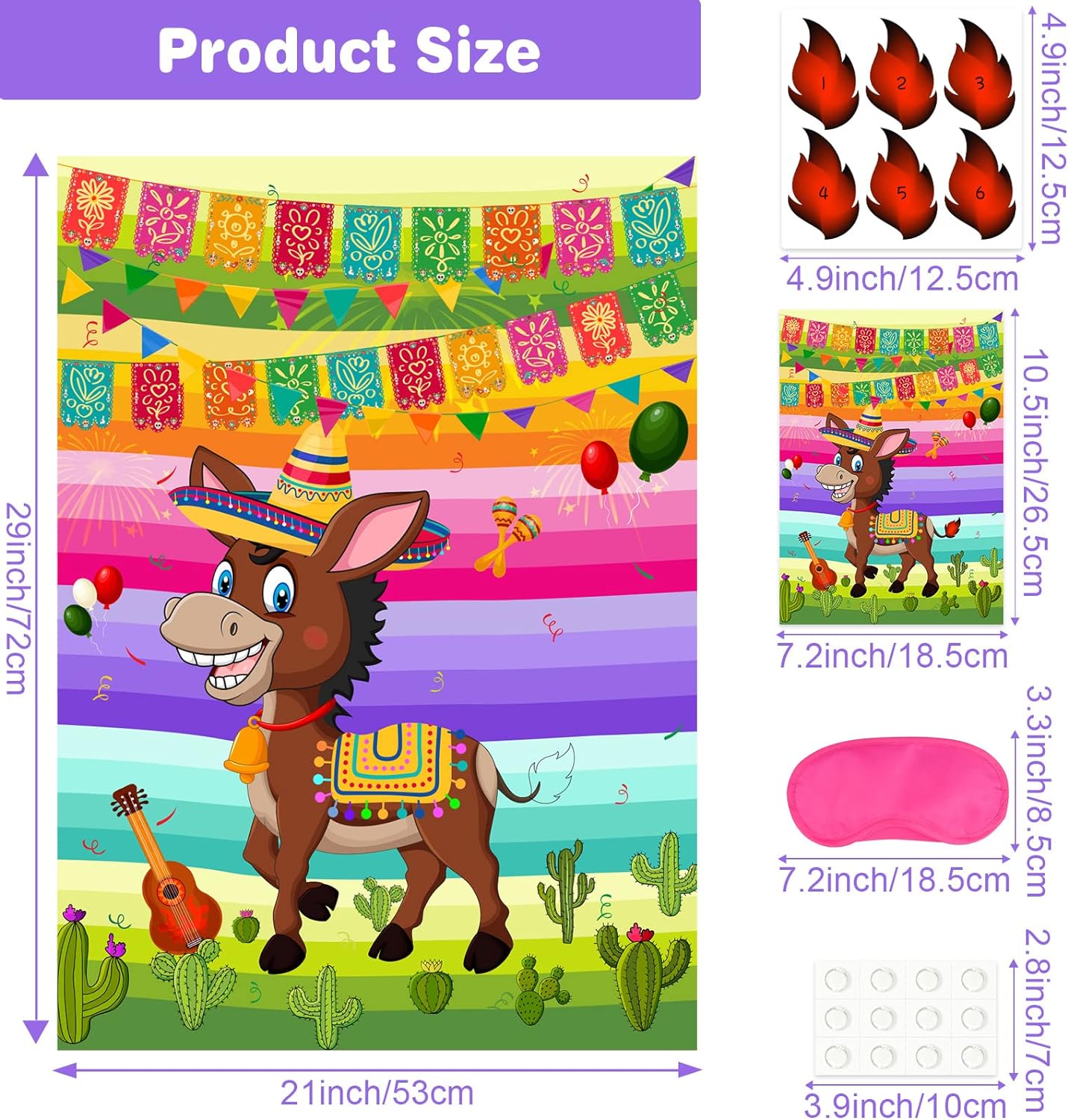 ASTARON Pin The Tail on The Donkey Mexican Donkey Game with 24pcs Tail Stickers for Cinco De Mayo Party, Mexican Party Fiesta Themed Party, Kids Birthday Supplies