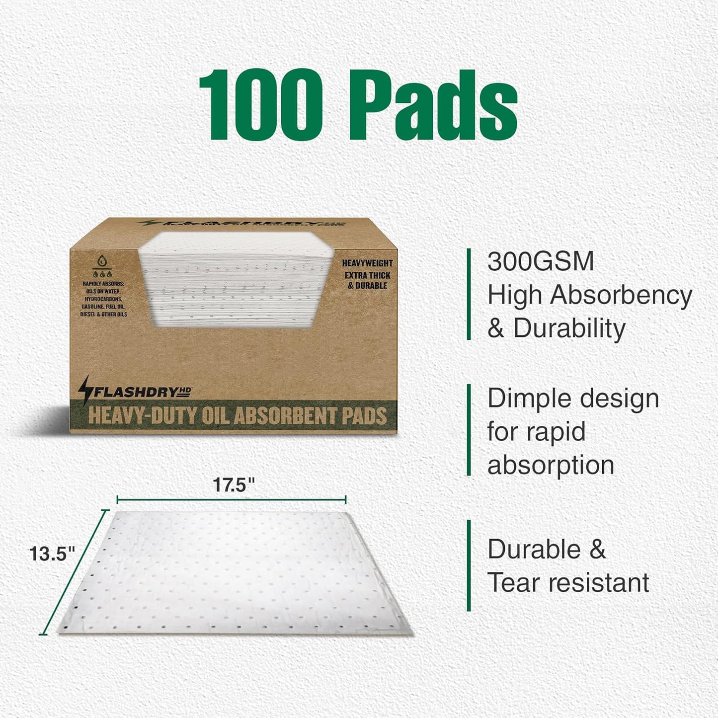 FLASHDRY Heavy Duty Oil Absorbent Pads - 300GSM/4mm (100 Pack, 17.5"x13.5") - Oil-Only Spill Pads for Garage, Marine, Automotive & Industrial Use - Fast Absorbing, Unsinkable, Cut to Size