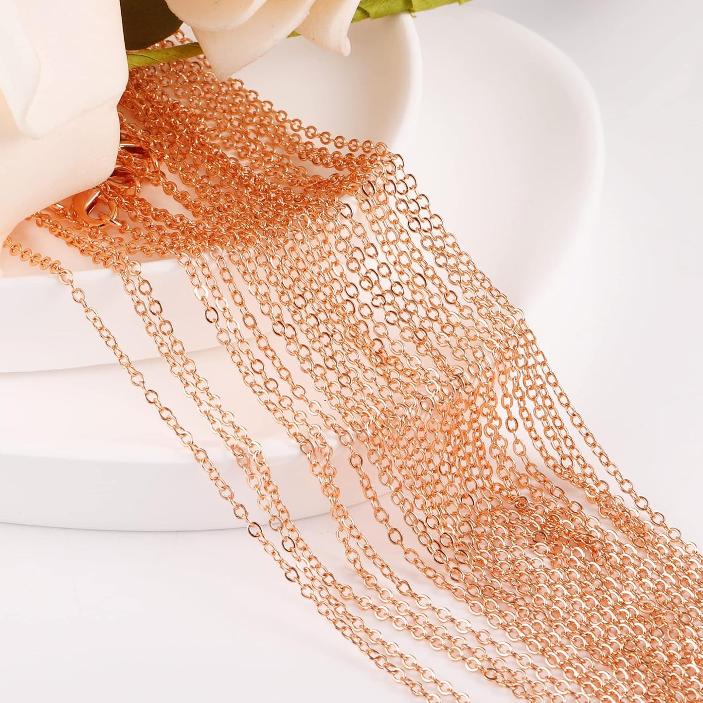 ALEXCRAFT Wholesale 12PCS Rose Gold Plated Solid Brass Chain Finished Flat Cable Chains Bulk for Jewelry Making (26"(2.0MM)