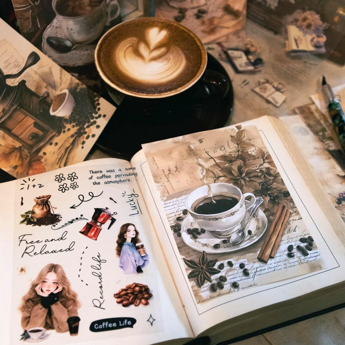 6Pcs Coffee Sticker Books, PET&Washi Stickers for Scrapbooking, DIY Crafts, Journaling Supplies & Junk Journal Ephemera