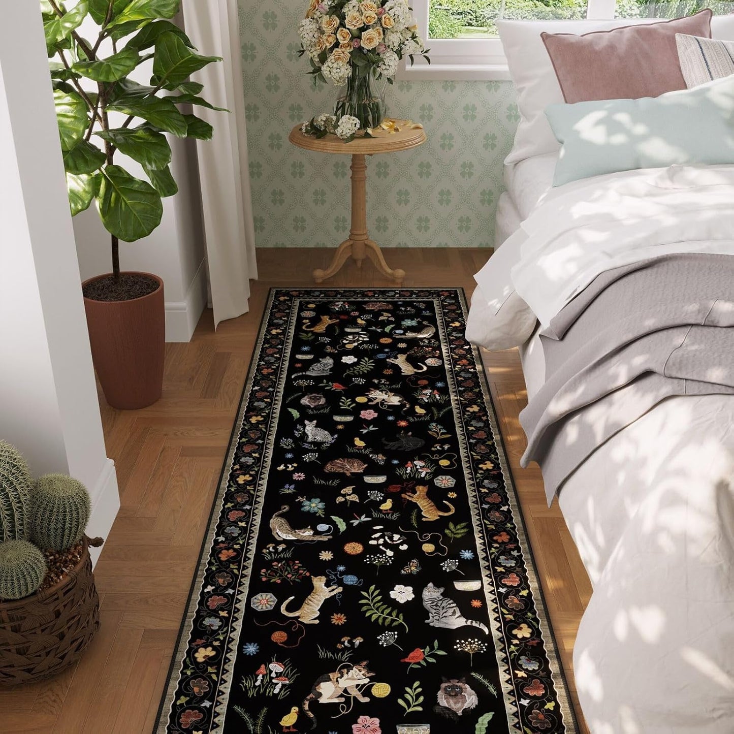 Rugcomf Runners for Kitchen Runner Rug Non Slip 2'x10' Long Washable Rugs with Rubber Backing Soft Floral Animal Cat Carpet Runner for Kitchen Laundry Bedroom Bathroom, Black