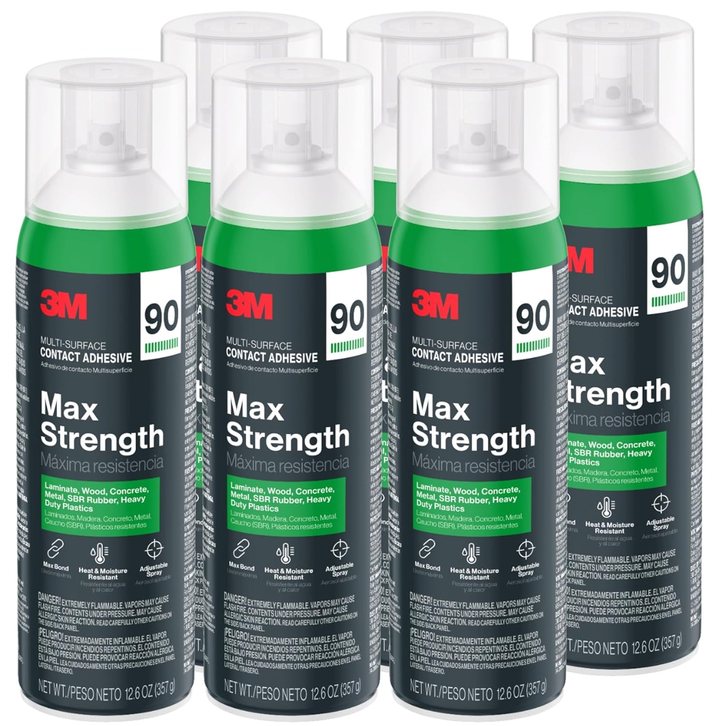 3M Max Strength 90 Contact Adhesive Spray, 12.6 oz (Pack of 6) – Low VOC Heavy Duty Glue with Adjustable Nozzle, Heat & Water Resistant Bond for Metal, Wood, Plastic, Laminate, Concrete