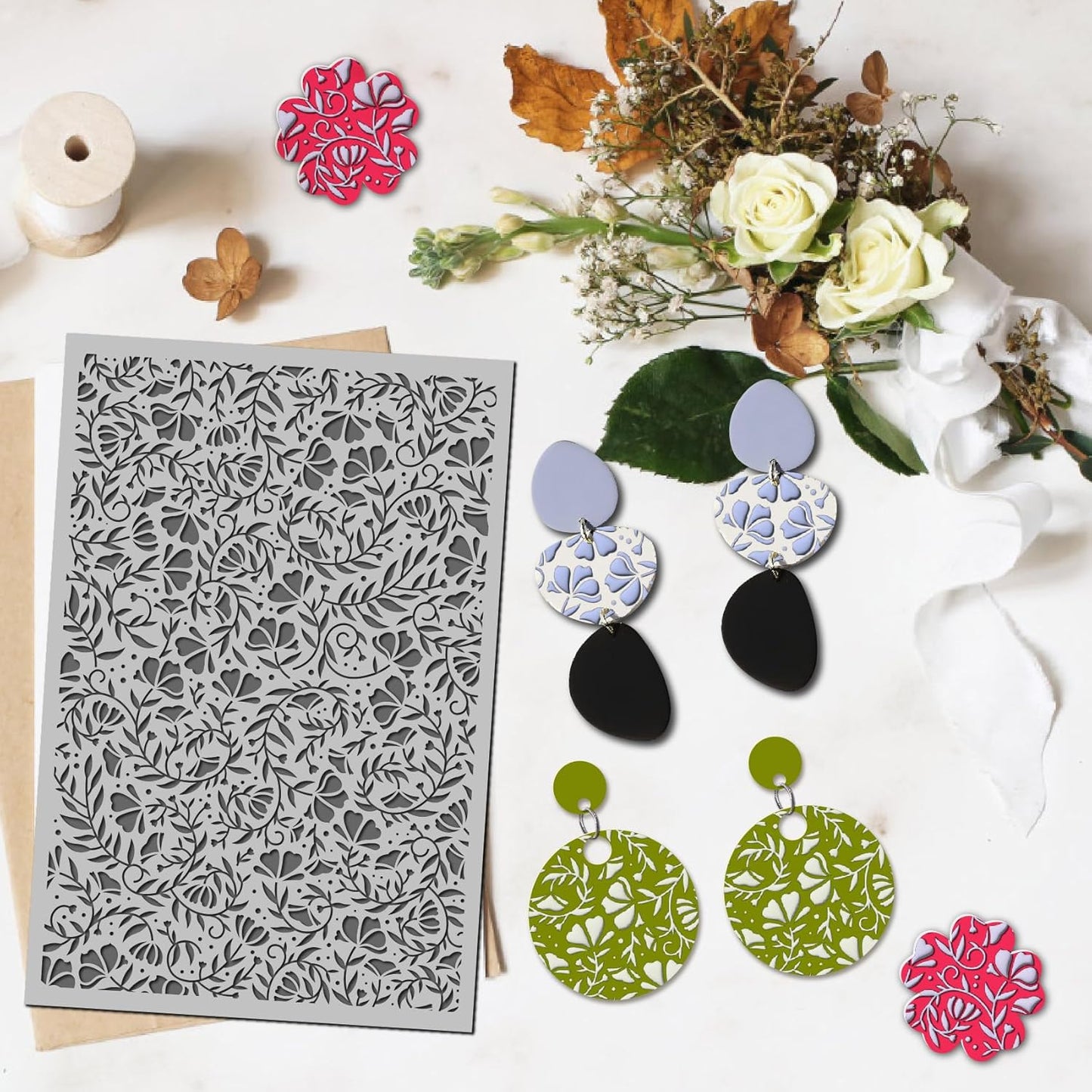 Arbuya Swirls Flowers Blossom Polymer Clay Texture Mat - Flourish Flowers Texture Sheet for Polymer Clay Jewelry Making, Earring Charms, DIY Craft Supplies