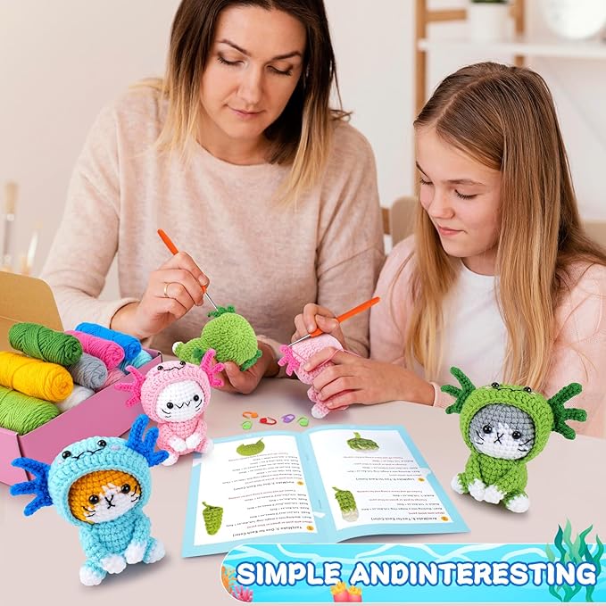 Fortuning's JDS Crochet Kit for Beginners - 3 PCS Axolotl Cat Crochet Kits with Step-by-Step Video Tutorials, Beginner Crochet Kit for Adults, Crochet Cat Dressed as Axolotl Set