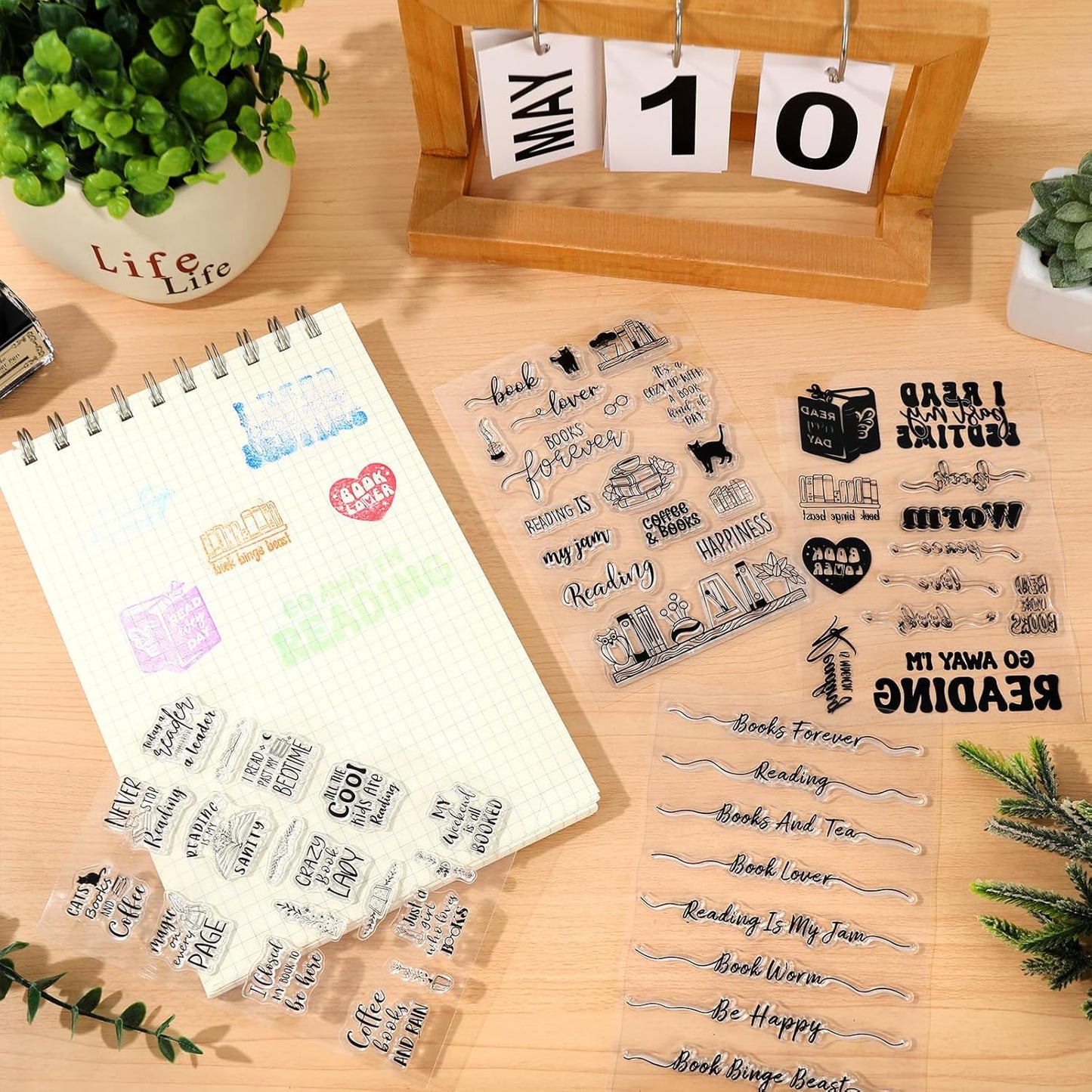 Whaline 4 Sheets Reading Words Clear Stamps Greeting Words Bookcase Bookshelf Silicone Transparent Stamps for DIY Craft Card Making Scrapbooking Embossing Album Decor