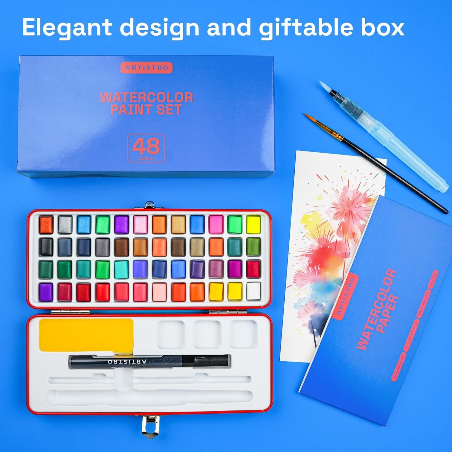 ARTISTRO Watercolor Paint Set in Portable Box, Includes Metallic and Fluorescent Paints, 2 x Brushes, Watercolour Paper, Acrylic Markers, Travel kit for Artist and Beginners