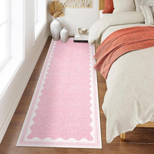 Scalloped Rug 2x6 Runners for Hallways, Solid Pink Runner Rug Non Slip Scalloped Bath Runner, Washable Rugs for Bedroom Girls, Rugs for Kitchen Floor Soft Dorm Nursery Carpet for Bedside