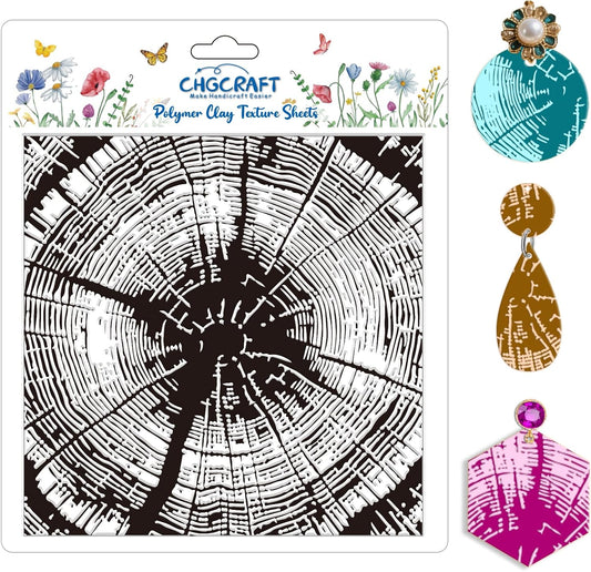 CHGCRAFT Tree Rings Polymer Clay Texture Sheets Tree Pattern Silicone Texture Stamp Clay Texture Mat Modeling Pattern Pad Sheets for Jewelry and Earrings Tools, 5.5x5.5 inch