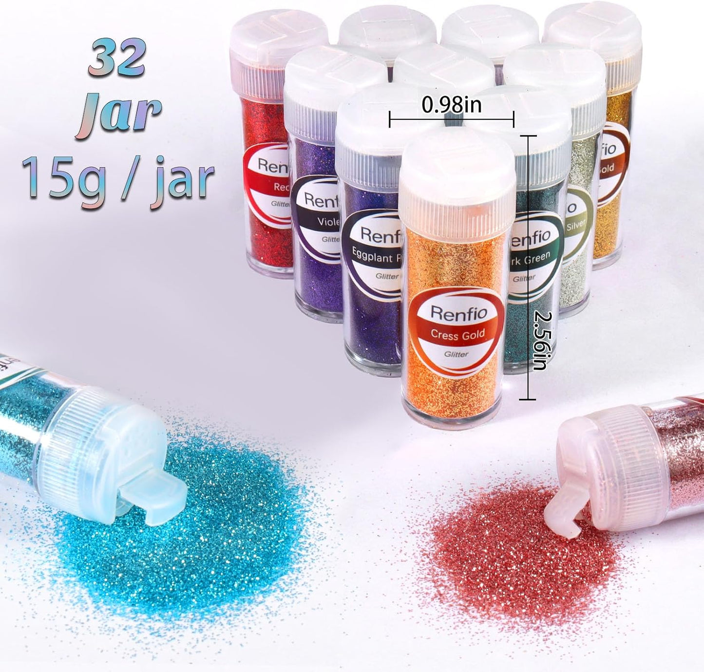 Renfio 32 Colors Glitter Set, 16.93oz 480g Ultra Fine Glitter Powder PET 1/128" 0.008" 0.2mm Resin Suppies Assorted Craft Glitter for Fake Nails, Resin Art, Tumblers, Slime, Hair, Bomb
