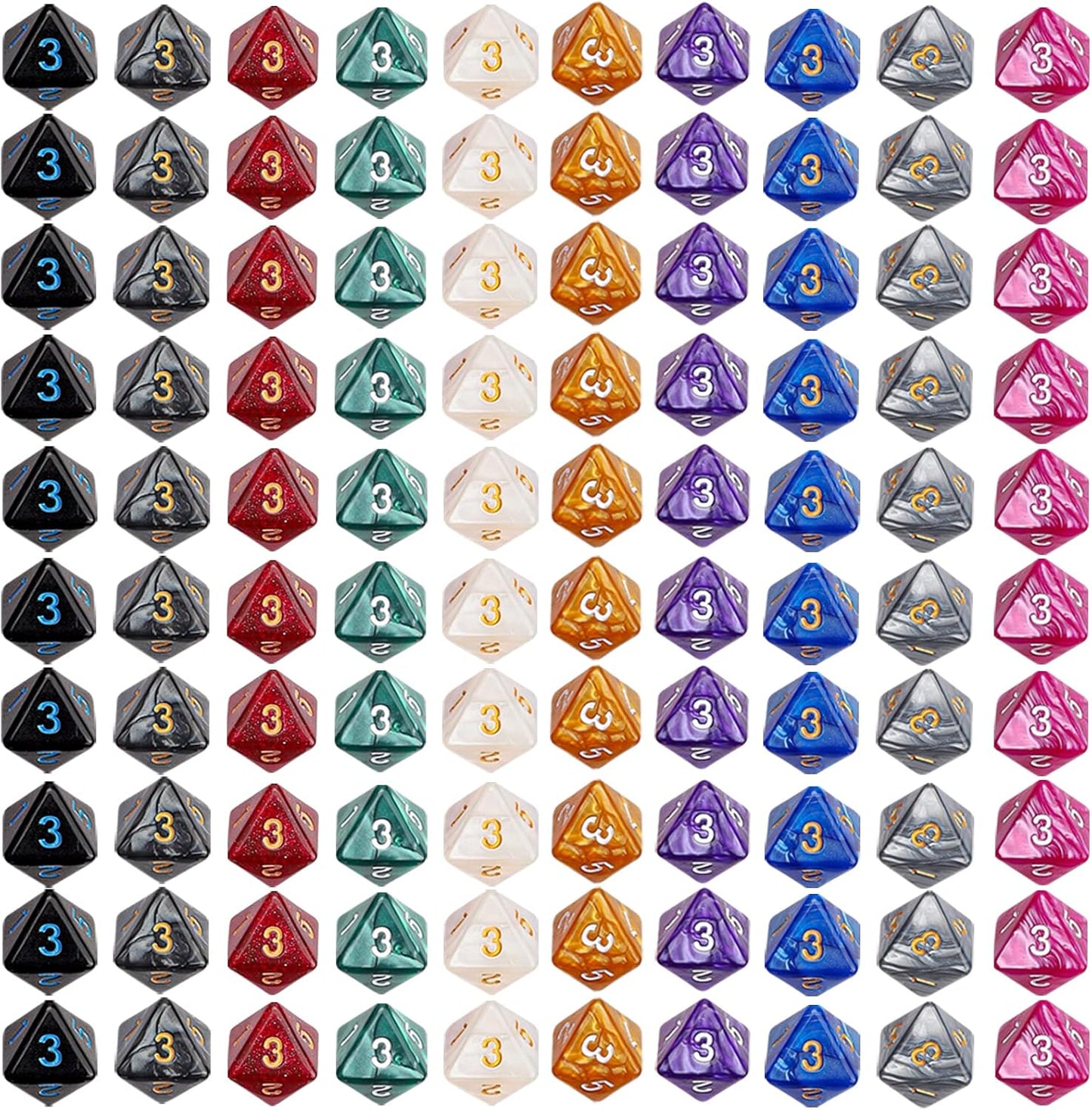 CiaraQ DND Polyhedral Dice (100pcs) with A Dice Bag Compatible with Dungeons and Dragons DND RPG MTG Role Playing Table Games (D8 dice, 10 colors-100 pcs)