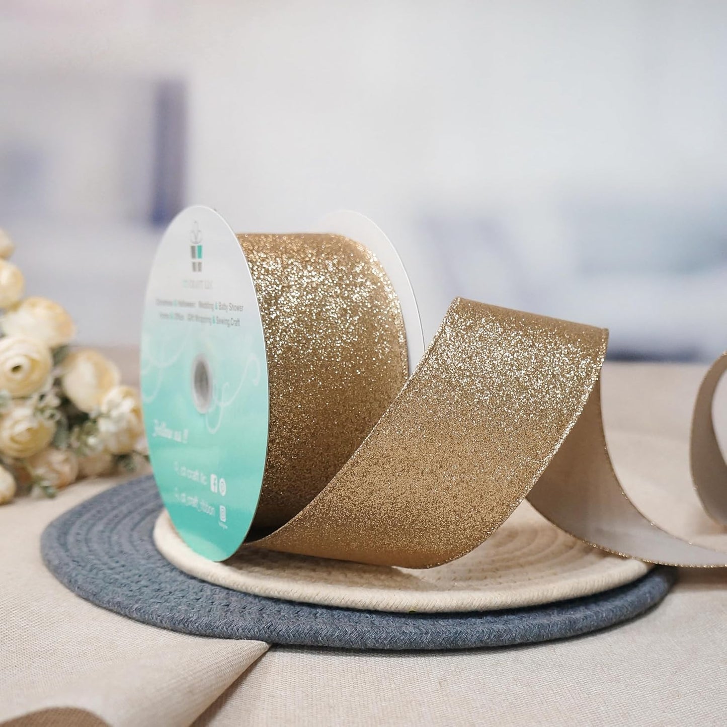 CT CRAFT LLC Glitter Wired Ribbon 2.5" x 20 Yards Gold (Champagne Gold) for Christmas Home Decor Bow Gift Wrapping DIY Crafts Wreath