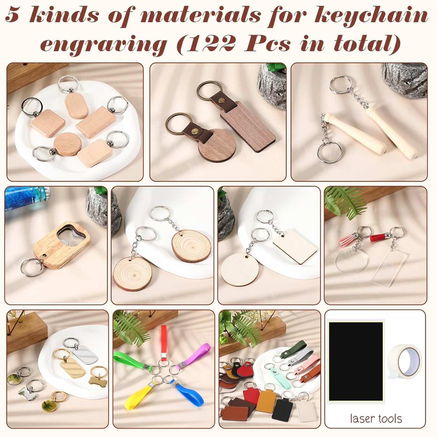 Tondiamo 122 Pcs Laser Engraving Blanks Keychains Bulk Laser Cutting Engraving Materials Accessories Including Wood, Stainless Steel, Acrylic, PU Leather, Silicone and Marking Paper Tape for Laser