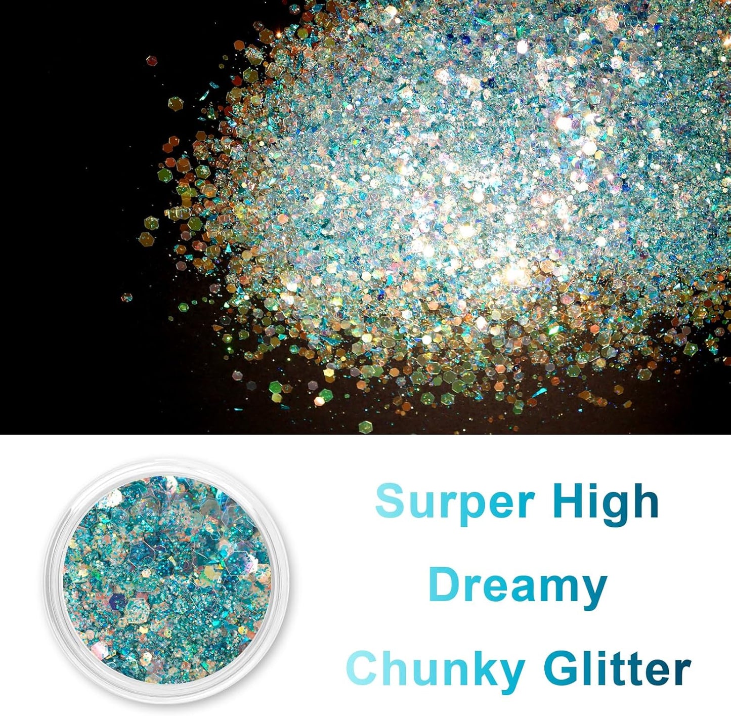 Renfio Opal Chunky Glitter, 1.75oz/50g Blue High Sparkle for Crafts - Holographic Fine Mix Iridescent Flakes for Resin, Nails, Art, Hair, DIY, Snow Globe - Azure Sky