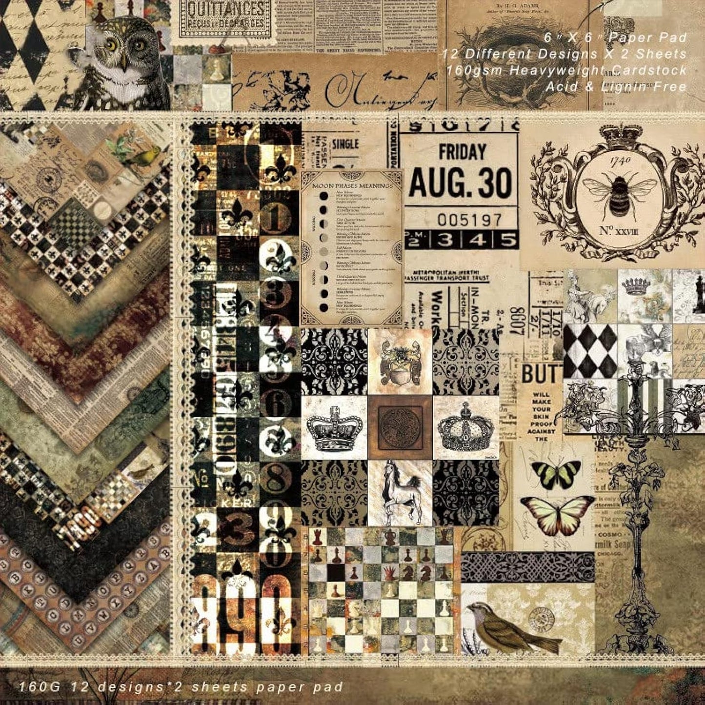 Dark Academia Scrapbook Paper Pad 6x6, Assorted Pattern Decopodge Cardstock Paper, Single-Sided Vintage Scrapbooking DIY Decorative Cardmaking Supplies, Junk Journaling Craft Paper-24Pcs