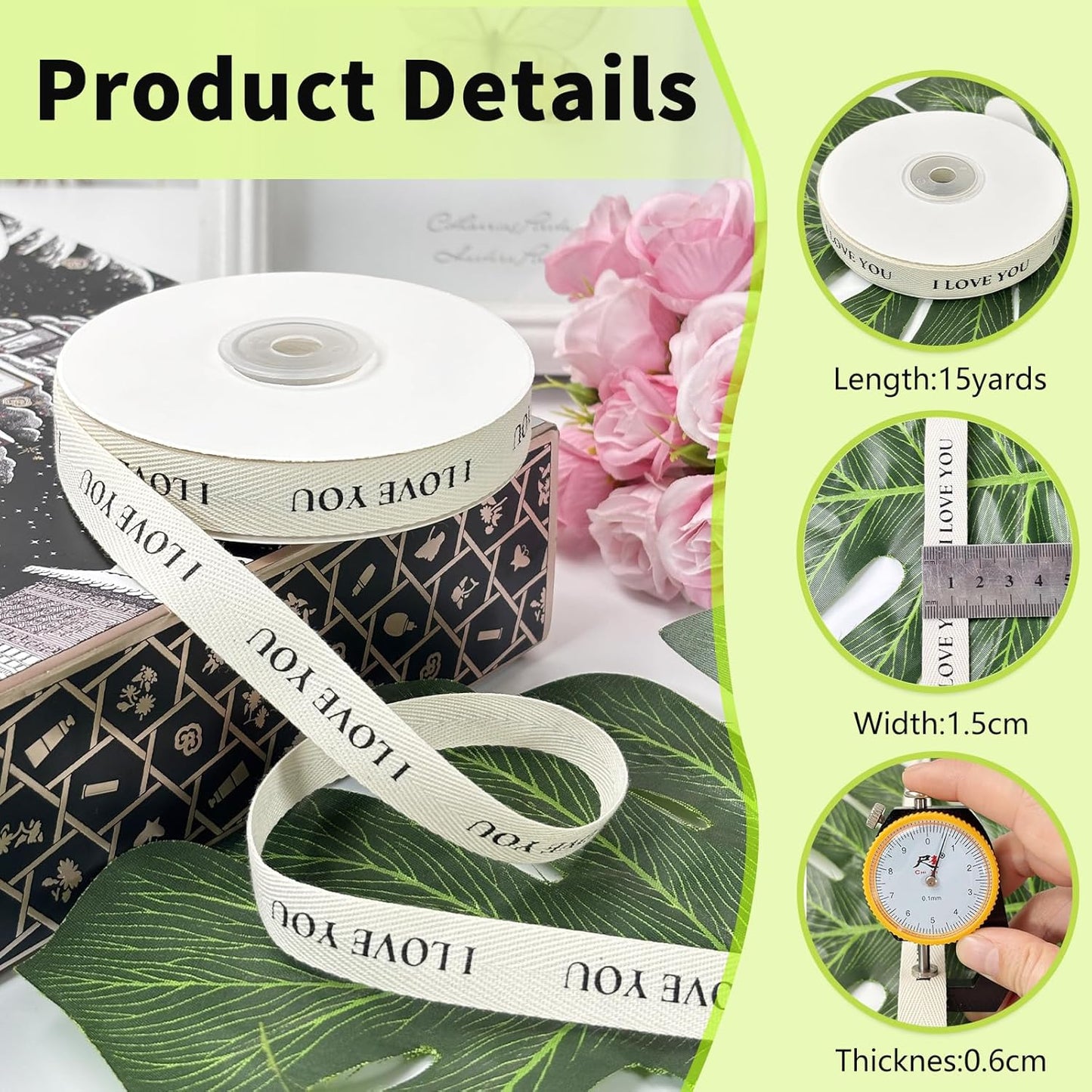 Cotton Herringbone Ribbon - Natural Twill Tape for Custom Gift Wrapping & DIY Crafts-5/8 Inch x 15 Yards - I Love You Printed Phrase