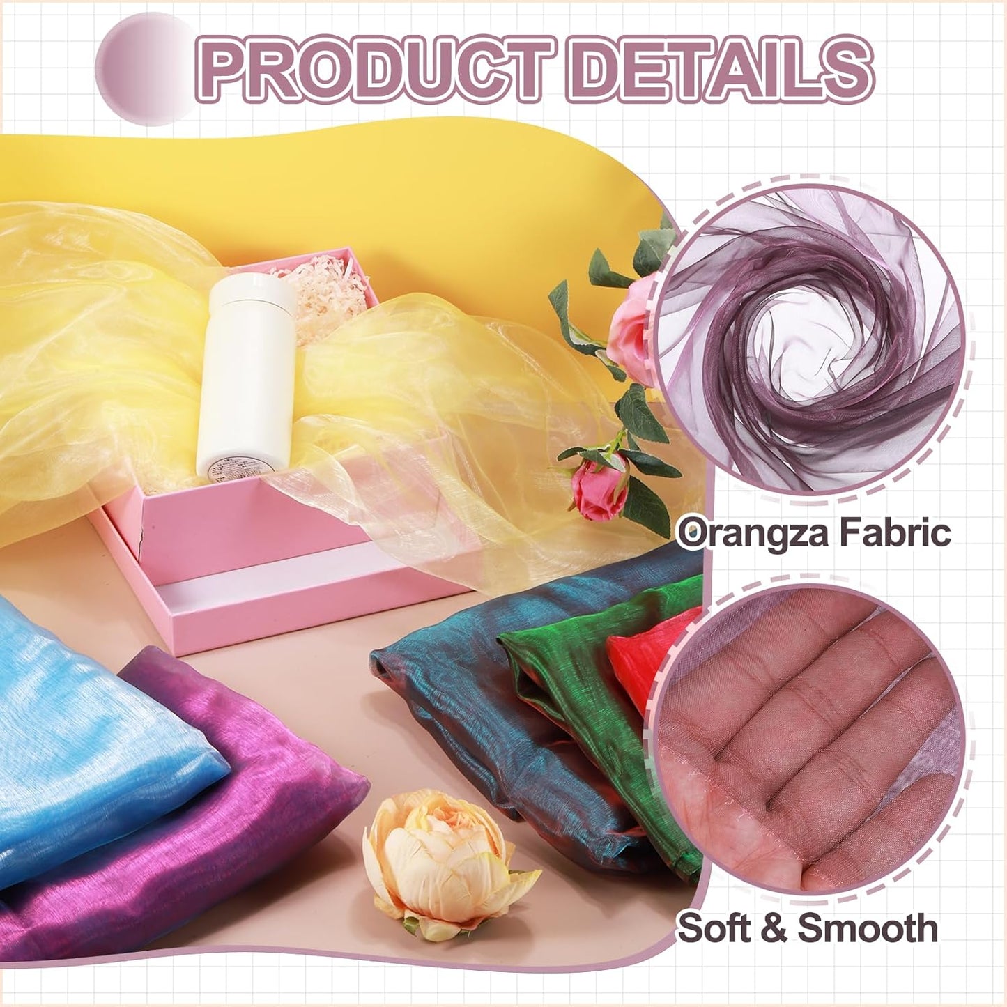 MECCANIXITY Iridescent Sheer Organza Fabric, 2 Yards x 59 Inches Solid Holographic Shiny Fabric Organza Cloth for Wedding, Curtains, Costume, Photo Background, Gradient Gray Purple