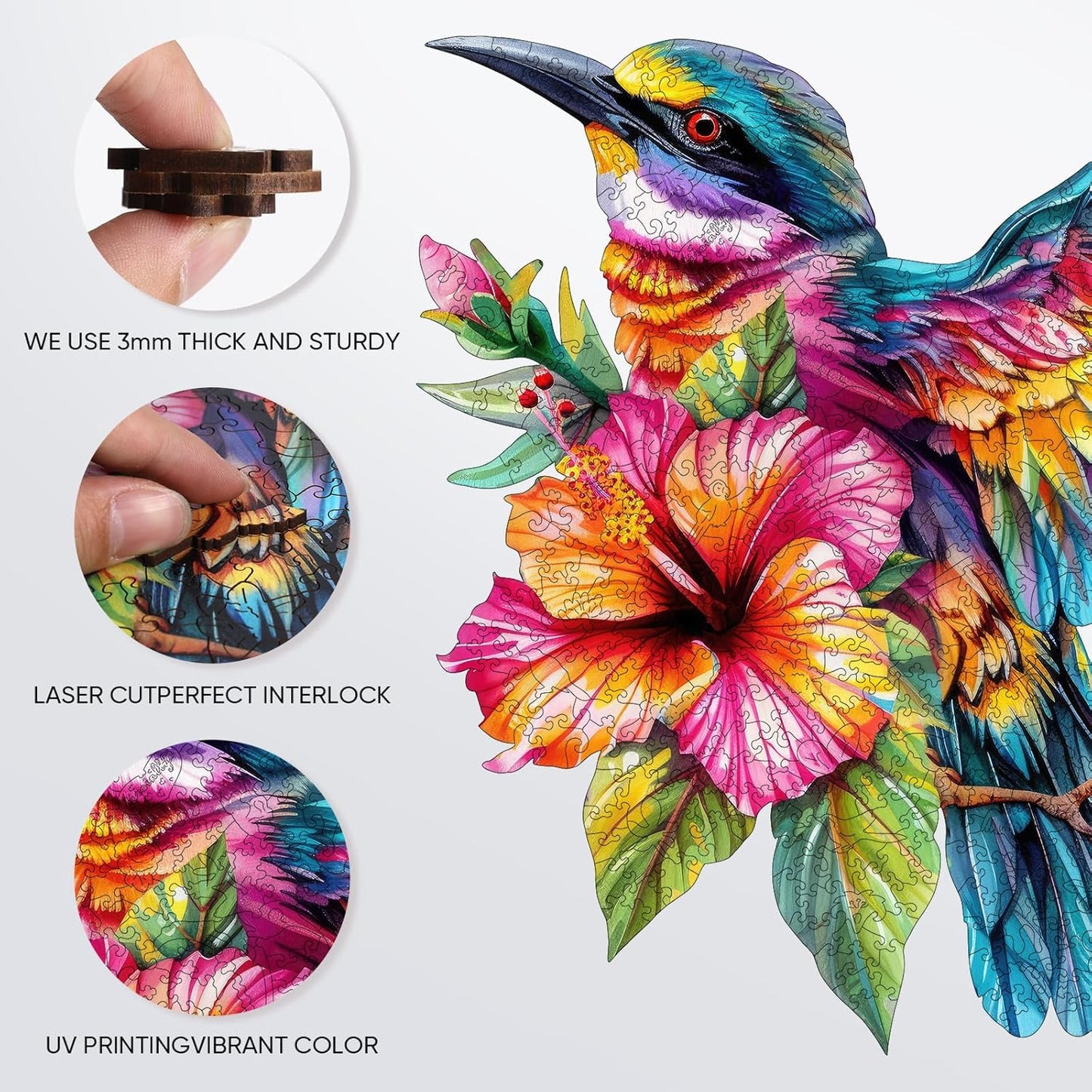 Wooden Jigsaw Puzzles -Hummingbird Wooden Puzzles for Adults, 500 Pcs King Size 17.3'' x 16.6'', Luxurious Shaped Wood Puzzle, Beautiful Package, Best Gift for Adults and Kids, Family Game