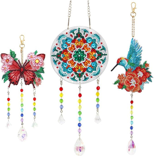 Diamond Art Kits for Teens/Adults/Beginners | Girl & Boys DIY Arts & Crafts Birthday Gifts, 3 PCS Diamond Art Suncatcher Craft Kit Crystal Window Garden Decor Set (Hummingbird Butterfly)