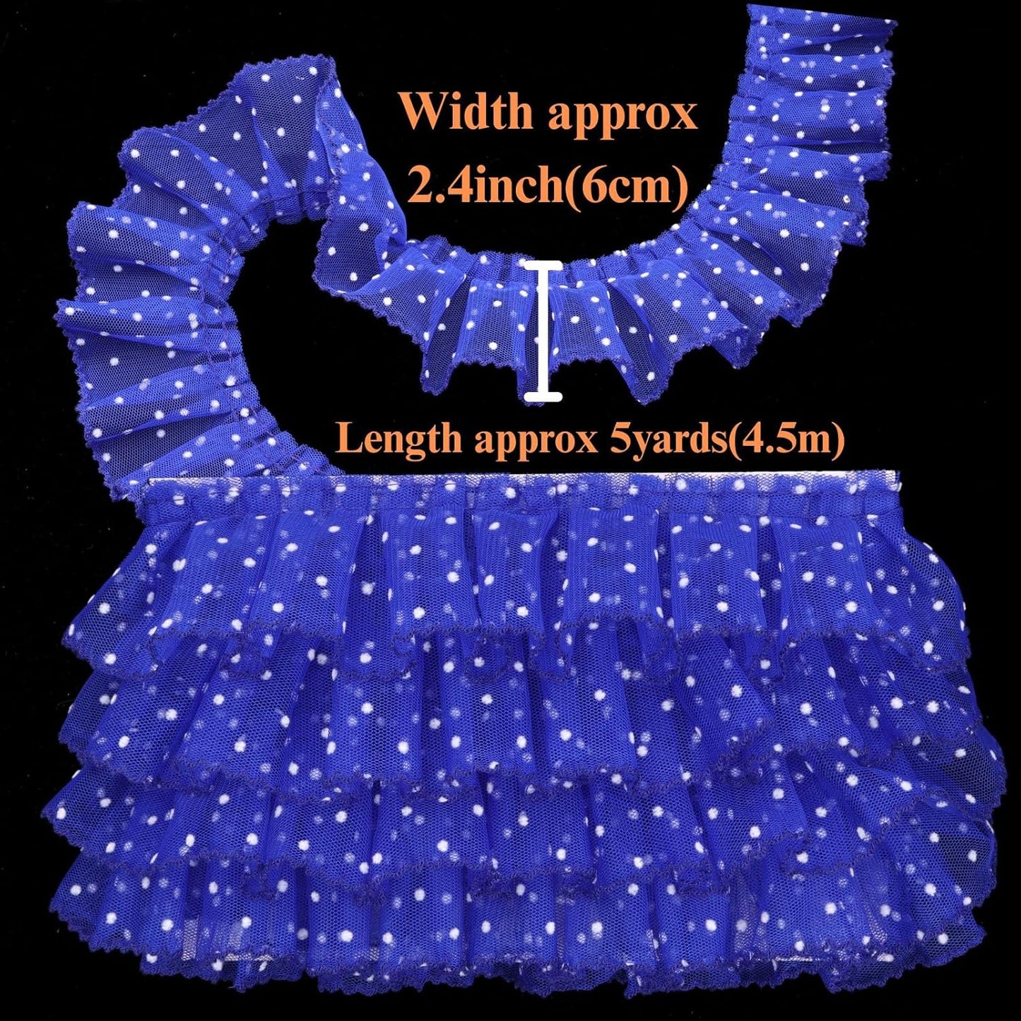 Dots Lace Ruffle Trim for Sew, Crafts 2.4" x5yd Single Layer Pleated Edge Lace Ribbon (Royal Blue)