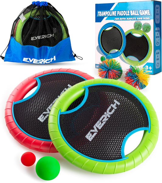 EVERICH TOY Trampoline Paddle Ball Set with 2 Bouncy Paddles & 4 Balls - Soft Foam Design for Kids Play Indoor Outdoor Beach Backyard Lawn - Great Gift Idea for Boys & Girls (Green & Red)