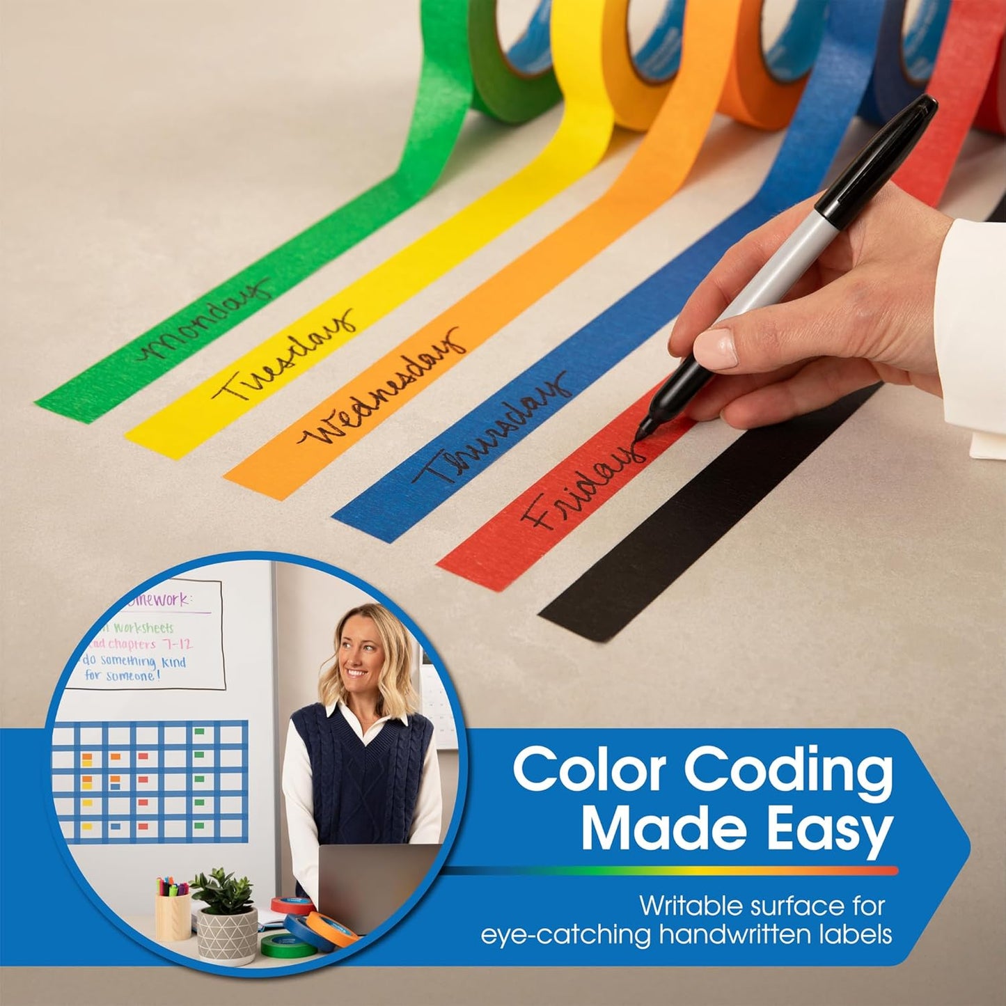 Spartan Industrial - 1" X 60 yd Black Tape - 6 Colored Masking Tape Rolls for Home, Office, School Use - No Residue, 5.5 Mil