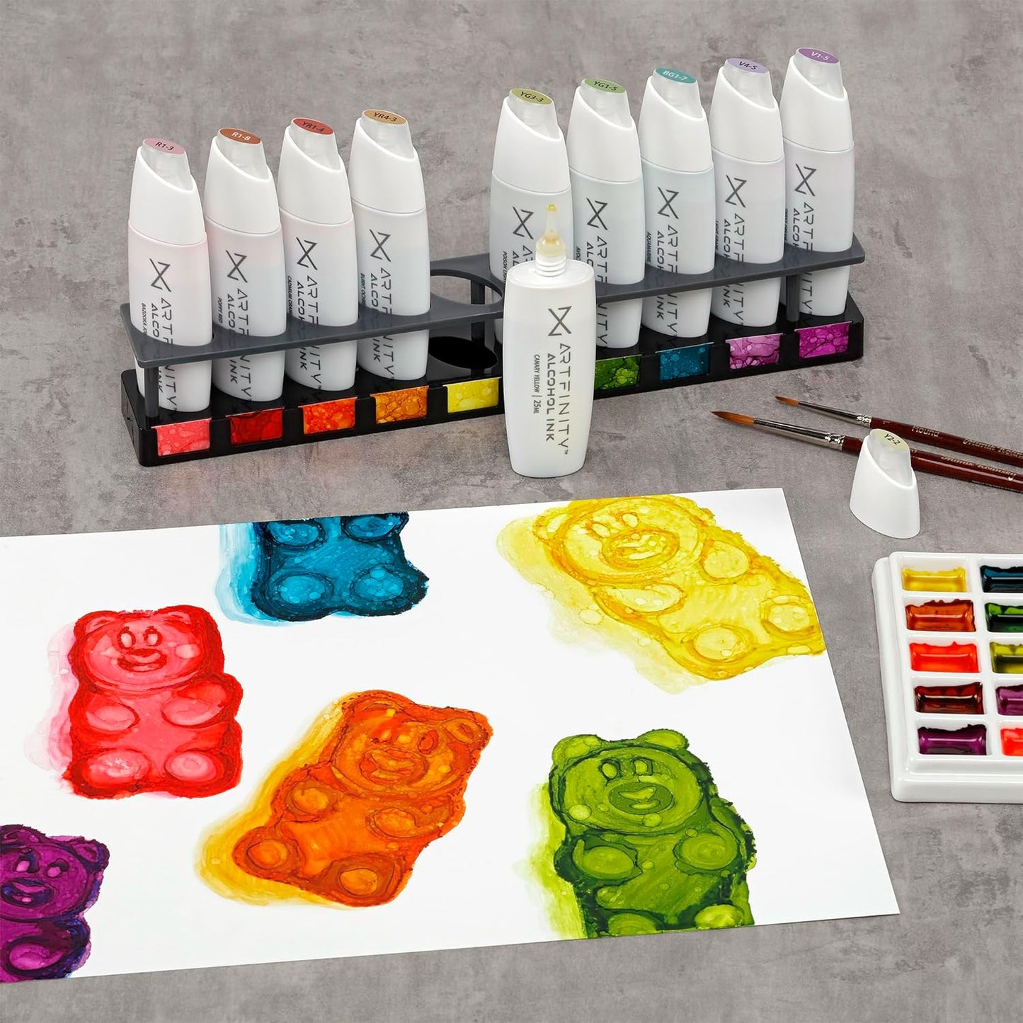 Artfinity Alcohol Ink Sweet Tooth Set of 10 Colors (25 ml) with Free Acrylic Stand - for Painting or Alcohol Marker Refill Ink, Acid-Free, Fast-Drying, Permanent, Transparent, Swatch Template