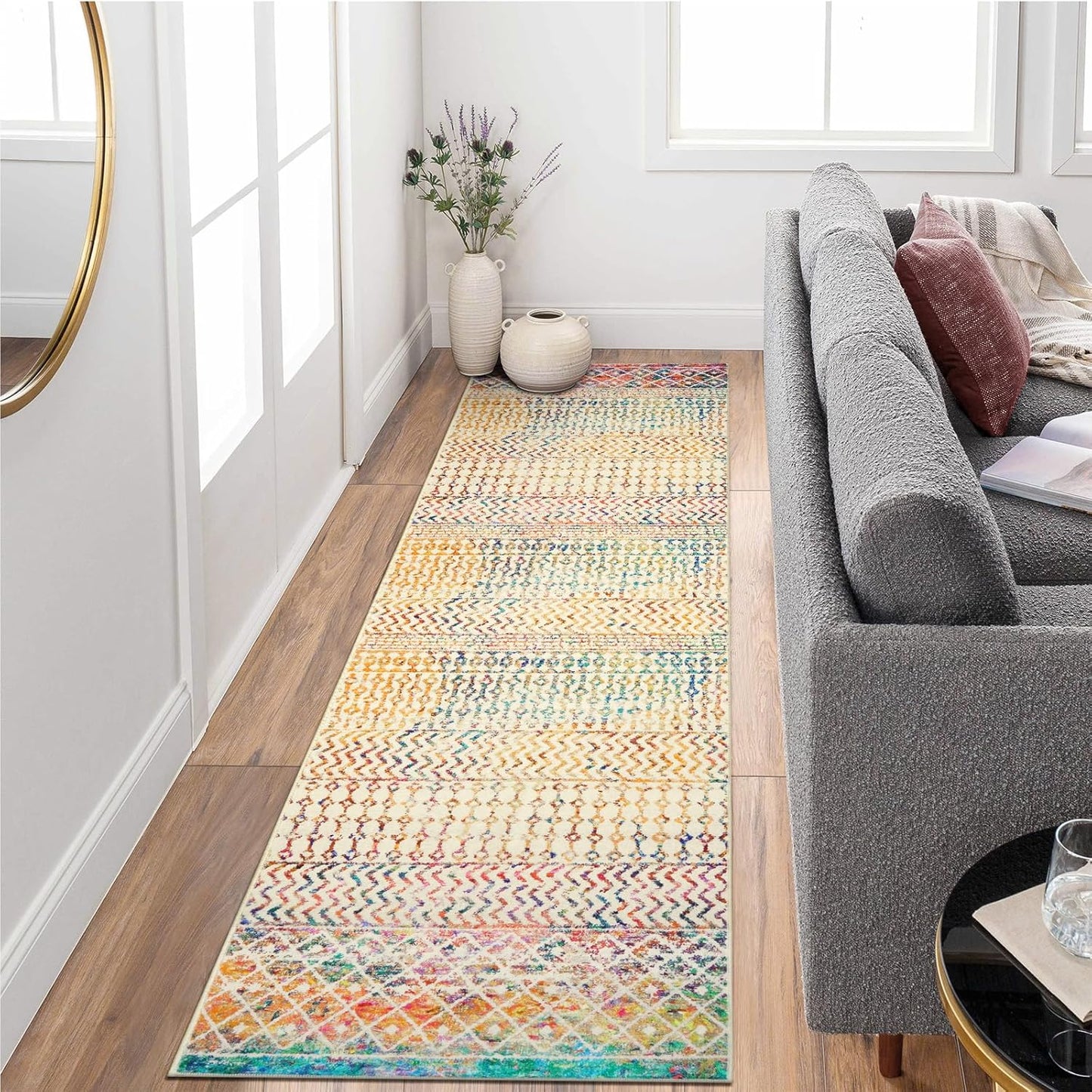 Moroccan Hallway Rug Runner 2x8, Ultra Soft Runner Rug with Rubber Backing Non Slip, Washable Kitchen Rug Distressed Floor Carpet Runner for Entryway Kitchen Bedroom Laundry Room