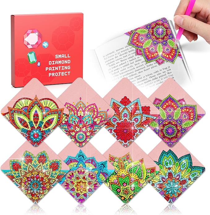 8 PCs Diamond Art Corner Bookmarks Leather Dimond Painting Book Mark Kit for Adults Paint by Dots Bookmarkers Craft DIY Gem Small Dotz Gifts for Women Mandala Flower Pink Lotus